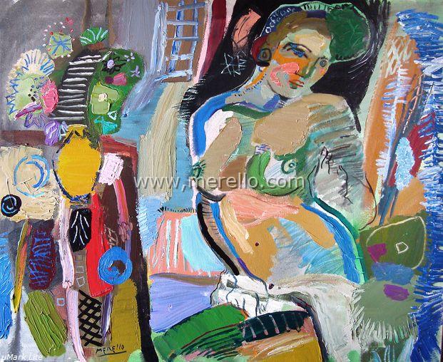 Merello.-Mujer esmeralda con florero (81x100 cm) Technique mixte sur toile.Art Espagnol Contemporaine. Peintres Modernes Actuels. Artistes Contemporains
