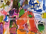 21ST-CENTURY-ART-ARTISTS-PAINTING-merello.-mujer-en-rojo-y-azul-frente-al-mar-(100x81cm)-tecnica-mixta-sobre-lienzo