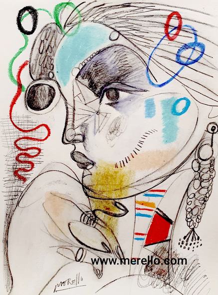 ART OF SPAIN. ARTISTS PAINTINGS.-José Manuel Merello.- Mujer pensativa. Mix media on paper