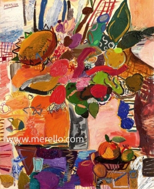 ARTE-SIGLO-XXI-21-PINTURA.- Jose-Manuel-Merello.-Florero-rosa-con-girasol.-(100x81cm)