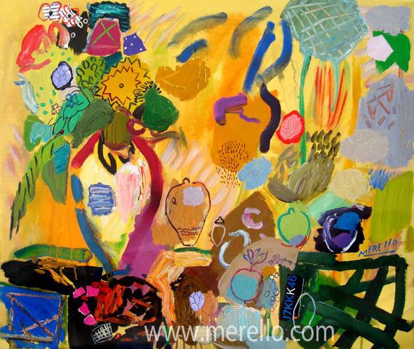 Art Espagnol Contemporain--Merello.-Bodegon de la alegria (81x100 cm) Mix media