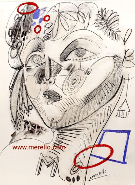 CONTEMPORARY MODERN ART PAINTING.-Merello.- Girl with M and flowers. (21 x 29'7 cm) Pencil on paper