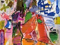 CONTEMPORARY-ARTISTS-merello.-mujer-en-rojo-y-azul-frente-al-mar-(100x81cm)