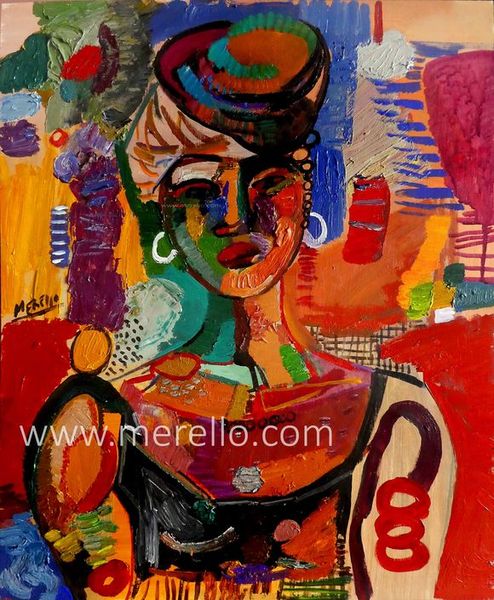 EUROPEAN CONTEMPORARY ART and ARTISTS.-Jose Manuel Merello.- Spanish Painting. Modern Art-Africa. (60 x 50 cm) Mix media on wood