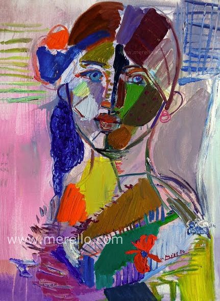 FIGURATIVE PAINTING ART.-.Jose Manuel Merello.-Blue eyes (73 x 54 cm) Mix media on canvas