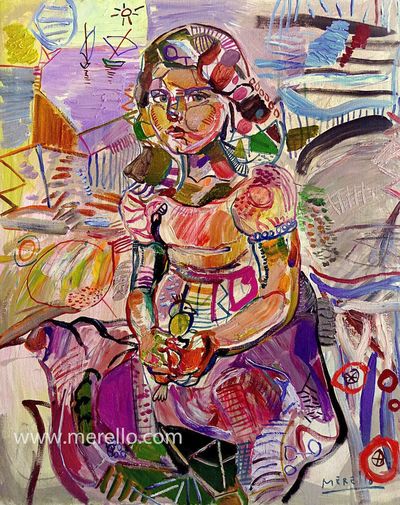 Jose Manuel Merello.-Girl with sparrow (100 x 81 cm) Tecnica mixta sobre lienzo. Pintura española actual