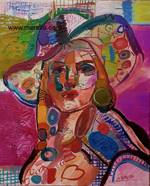 MODERN ART ONLINE. BUY CONTEMPORARY ORIGINAL PAINTINGS 21-XXI CENTURY.-Jose Manuel Merello.-Mujer con pamela de colores. (60 x 50 cm) Mix media on panel