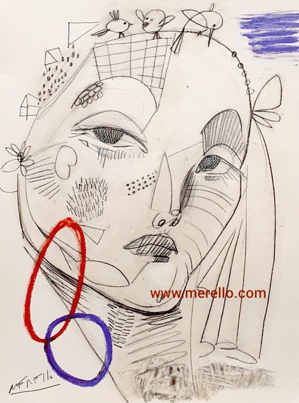 MODERN ARTISTS. POETRY EXPRESSIONISM. PAINTERS.-Merello.- Mujer y pajaritos Pencil on paper