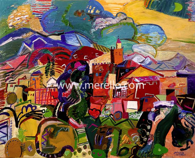 MODERN STILL LIFE FLOWERS. ART PAINTING.Jose Manuel Merello.- Luna sobre la Alhambra de Granada (81 x 100 cm). Mix media on canvas