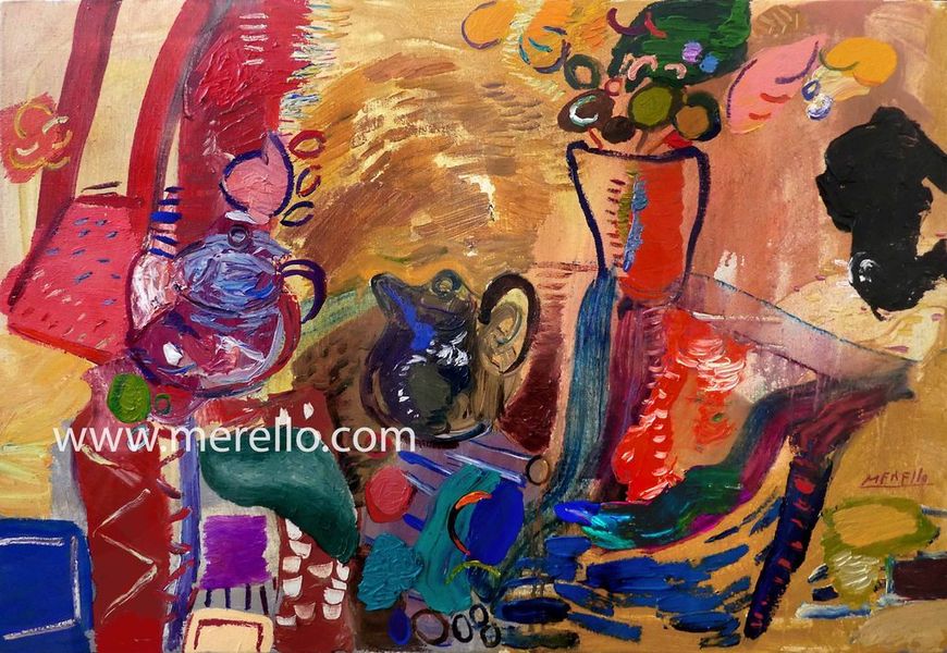 MODERN STILL LIFE FLOWERS. ART PAINTING.Jose Manuel Merello.- "Bodegón turco." (92 x 60 cm) Mix media on canvas