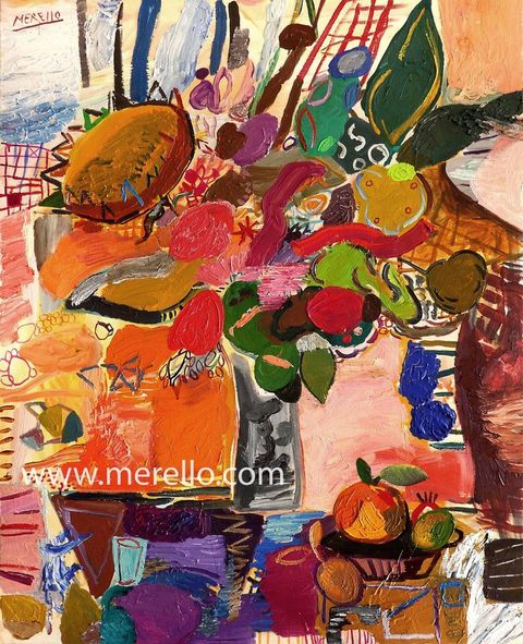 21 Century Art Painting. XXI Artists.Jose Manuel Merello.-Florero rosa con girasol. (100 x 81 cm) Mix media on canvas