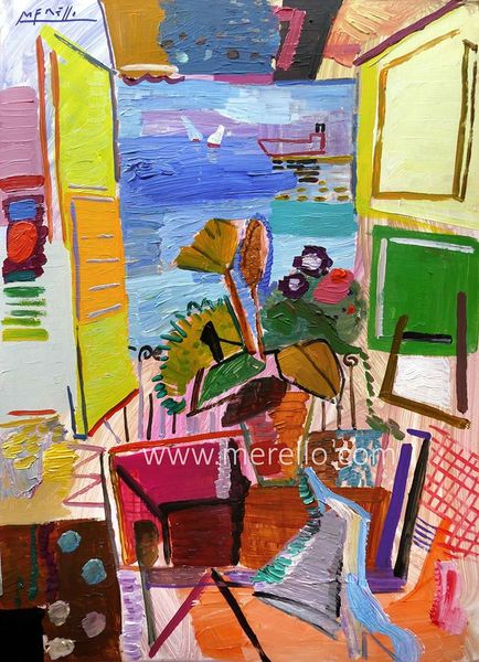 MODERN STILL LIFE FLOWERS. ART PAINTING.jose-manuel-merello.--balcon-al-mediterraneo.-mix-media