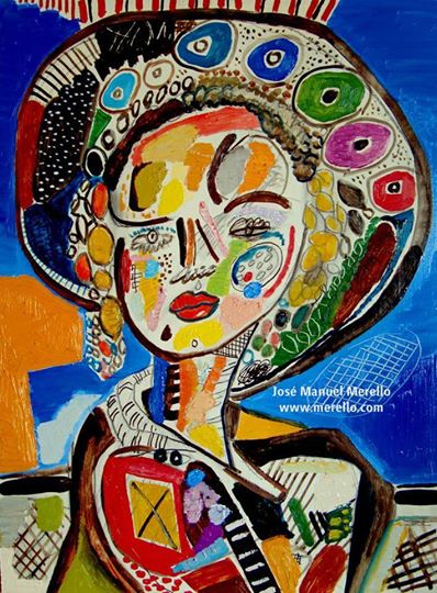 José Manuel Merello.-"Niña con Pamela azul".Art contemporain. moderne.Peintres espagnols actuels. Art actuel peinture. Tableaux d artistes contemporains. Art, luxe et Passion. Couleur et Decoration.Investissement.