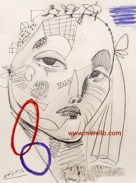 SKETCHES. MODERN ART-Merello.- Mujer y pajaritos (21 x 29'7 cm) Pencil on paper