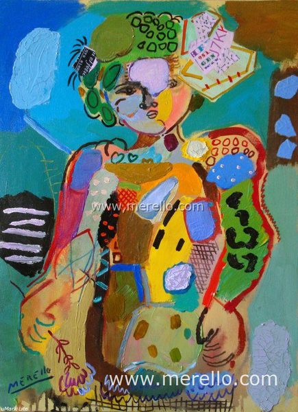 SPANISH MODERN ART. SPAIN CULTURE ART. XXI CENTURY 21-Arte contemporaneo Español-Spanish Modern Art-Art Espagnol Contemporaine-Merello.-Niña con lazo y flor (73x54 cm) mix media on canvas