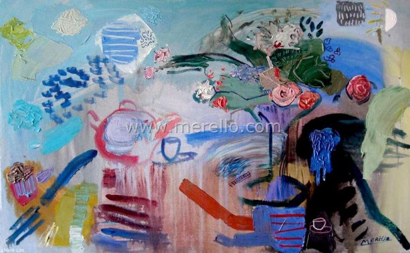 Arte Pintura Contemporánea.-Merello -Bodegón con tetera y florero (81x130 cm) Mixta-Lienzo. Arte Contemporanea. Artistas.