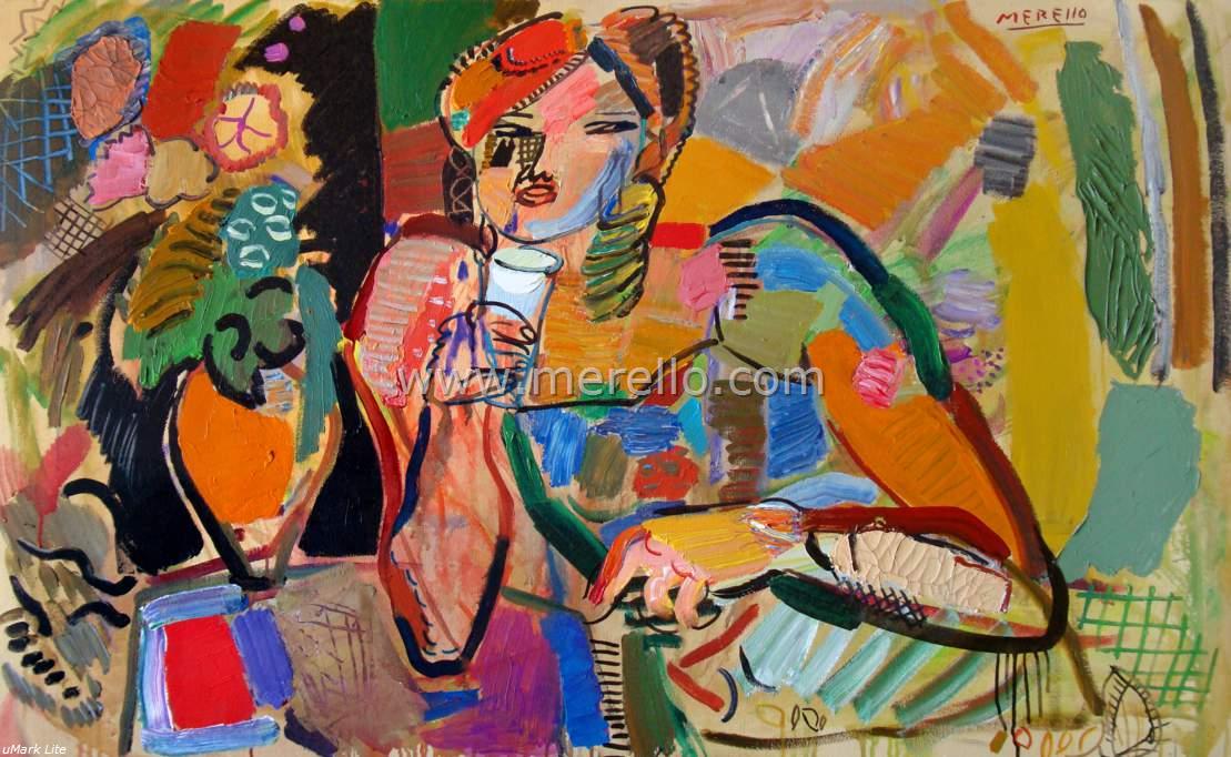 Arte Pintura Contemporánea.-Merello - Mujer en la Noche (81x130 cm) Mixta-Lienzo. Arte Contemporanea. Artistas.