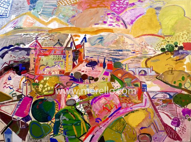 contemporary-art-landscapes.-modern-landscape.-Jose-Manuel-Merello.-Alcázar-de-Toledo-sobre-el-río-Tajo-(97-x-130-cm).-Mix-media-on-canvas.