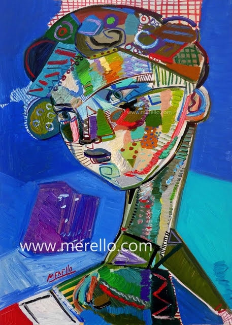 Contemporary Art.-Modern Art.-José Manuel Merello.-Blue boy (65 x 46 cm) Mix media on canvas