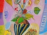 european-artists-painters.-art-europe-modern-painting.merello.-florero-con-manzana-y-frutos-del-bosque-(40x30-cm)oleo-tabla