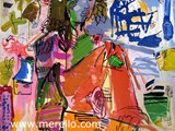 european-artists-painters.-art-europe-modern-painting.merello.-mujer-en-rojo-y-azul-frente-al-mar-(100x81cm)mixta-lienzo.