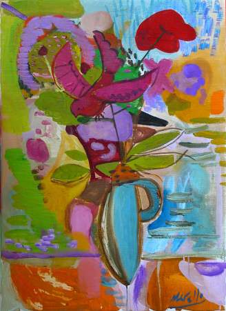 CONTEMPORARY MODERN EXPRESSIONISM.Vase with Pink Bird .(73x54 cm) Acrylic. Art, Artists, Painters