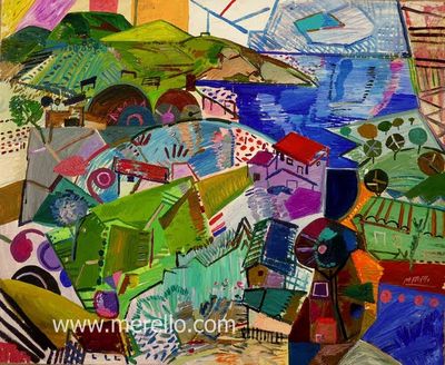 Pintura de paisajes. Arte contemporáneo. Cuadros. Jose Manuel Merello.- Costa de Mallorca. Mediterráneo ultramar. (92 x 73 cm) Mix media on canvas