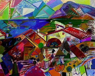 Pintura de paisajes. Arte contemporáneo. Cuadros.Jose Manuel Merello.- Mar y huerta de Jávea. Color mediterráneo (81 x 100 cm) Mix media on canvas