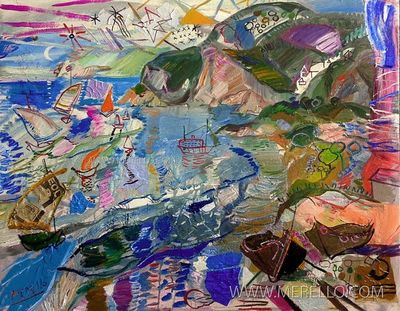 Pintura de paisajes. Arte contemporáneo. Cuadros.Jose Manuel Merello.-Veleros en el Mediterráneo (81 x 100 cm) Mix media on canvas