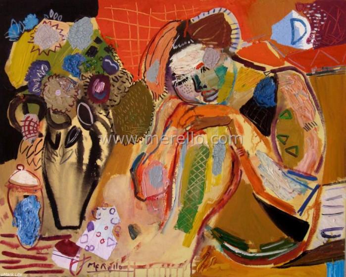 Contemporary Modern Painters. Contemporary Modern Art and Artists Painters. 21-XXI Century. Merello.- "Woman and Vase. The Dream" (81x100 cm) Mixed Media on Canvas. Contemporary Art. Painting.